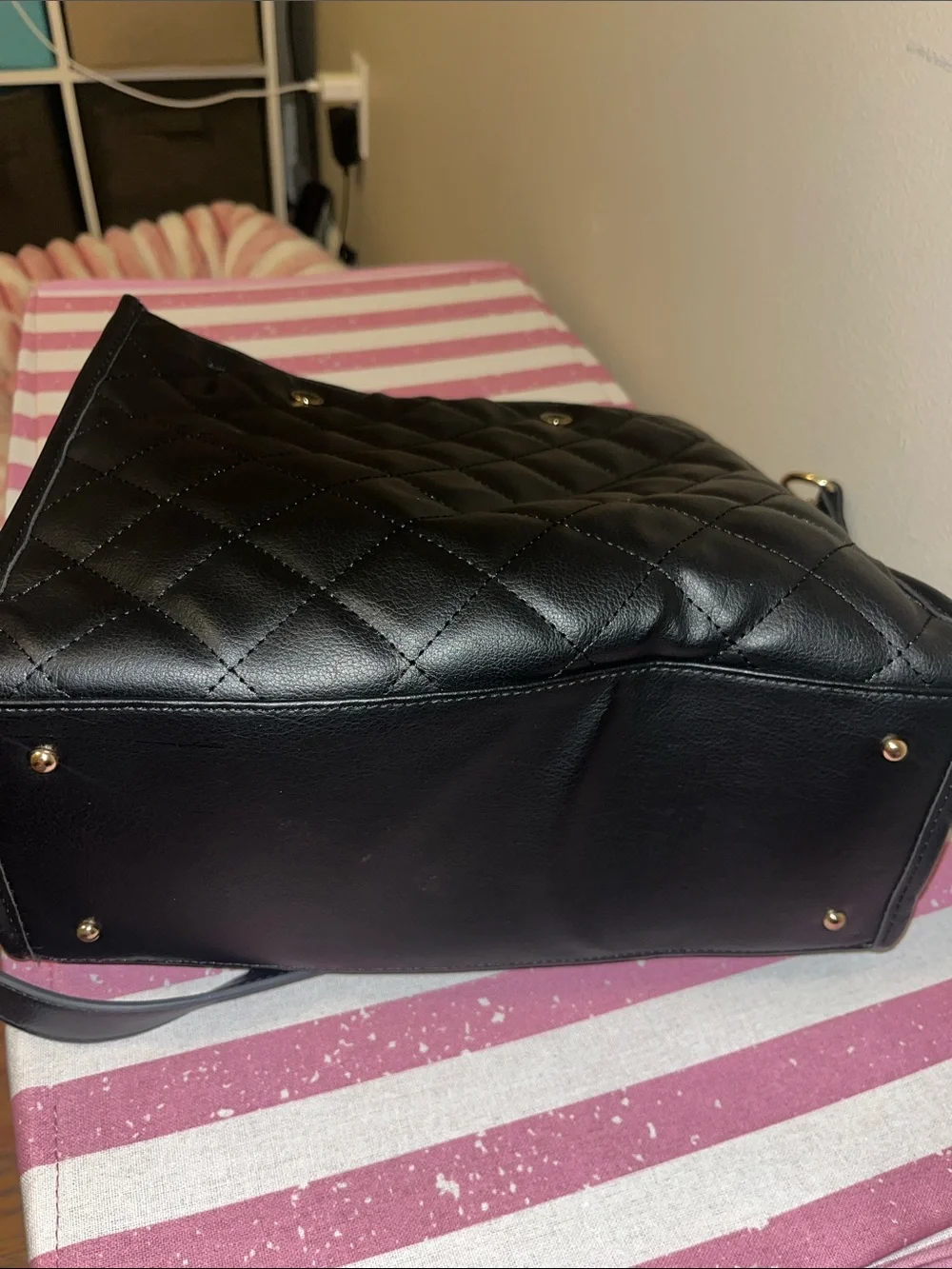 Steve Madden Black Quilted Top-Handle Women’s Bag with Gold Hardware